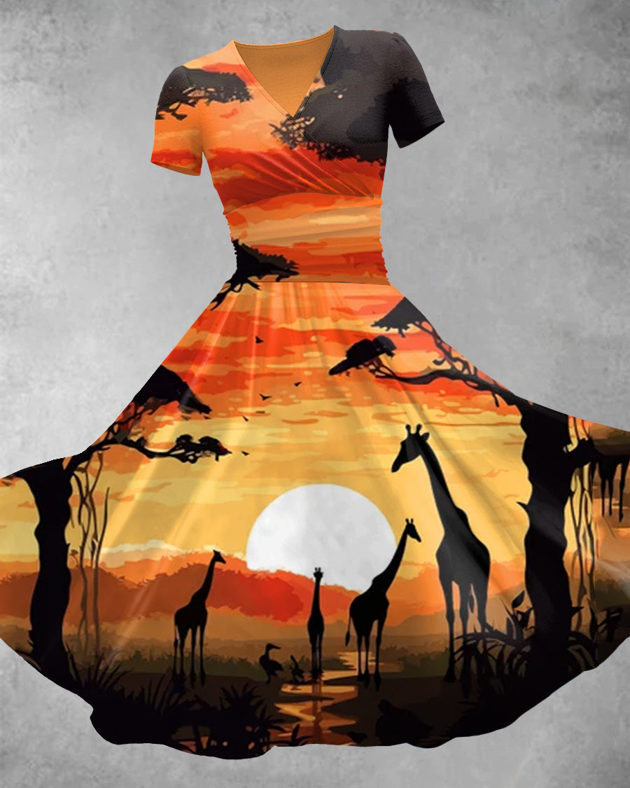 V Neck African Grassland Print Maxi Dress
