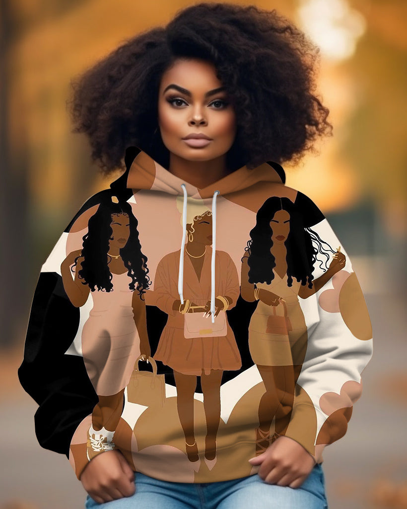 Contrasting Color Sisters Illustration Long-sleeved Hoodie