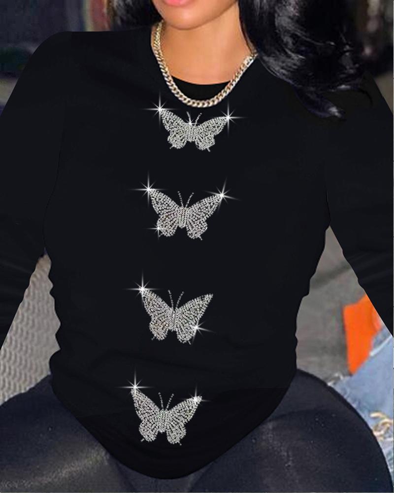 Rhinestone Butterfly Long Sleeve T-shirt