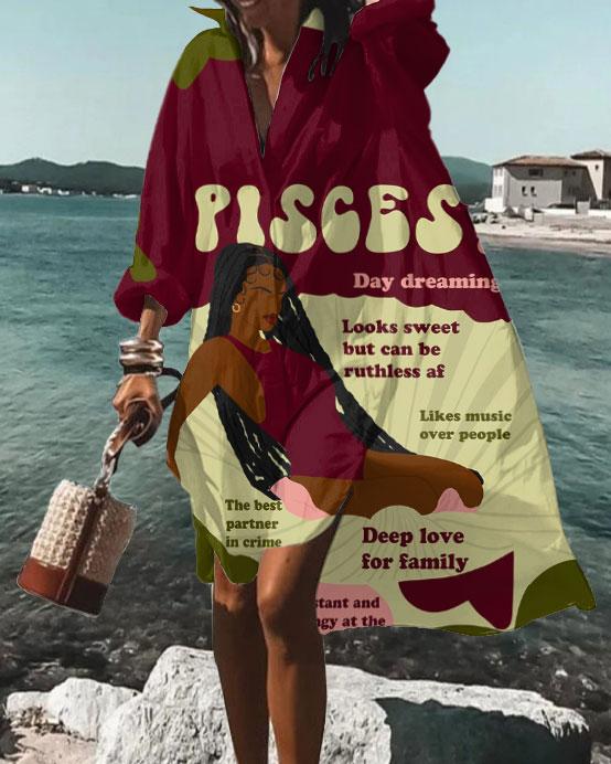 Lapel Pisces Girly Season Loose Long Sleeve Shirt Dress