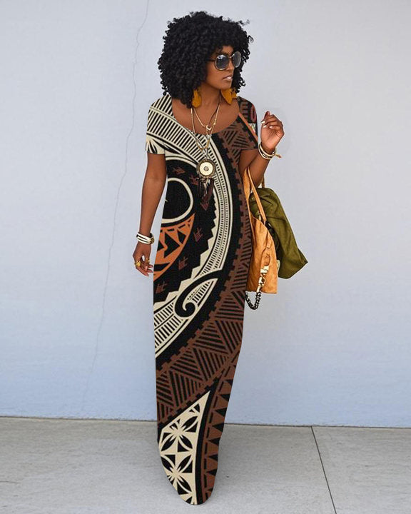 Ethnic Print Short Sleeve Crew Neck Maxi Dress
