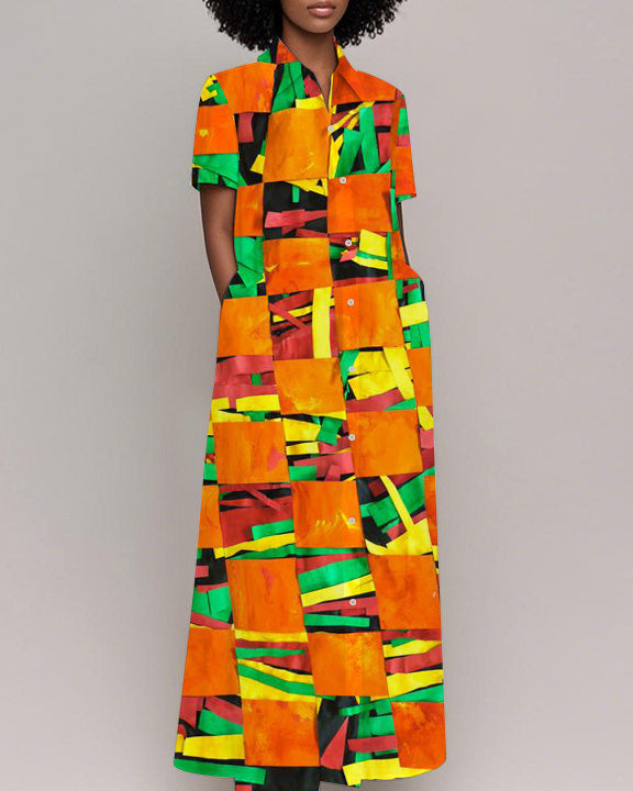 Juneteenth Colorful Print Lapel Pocket Dress