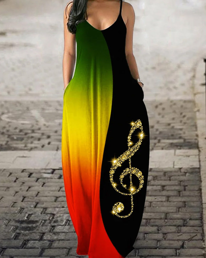 Gradient color patchwork note suspender casual dress