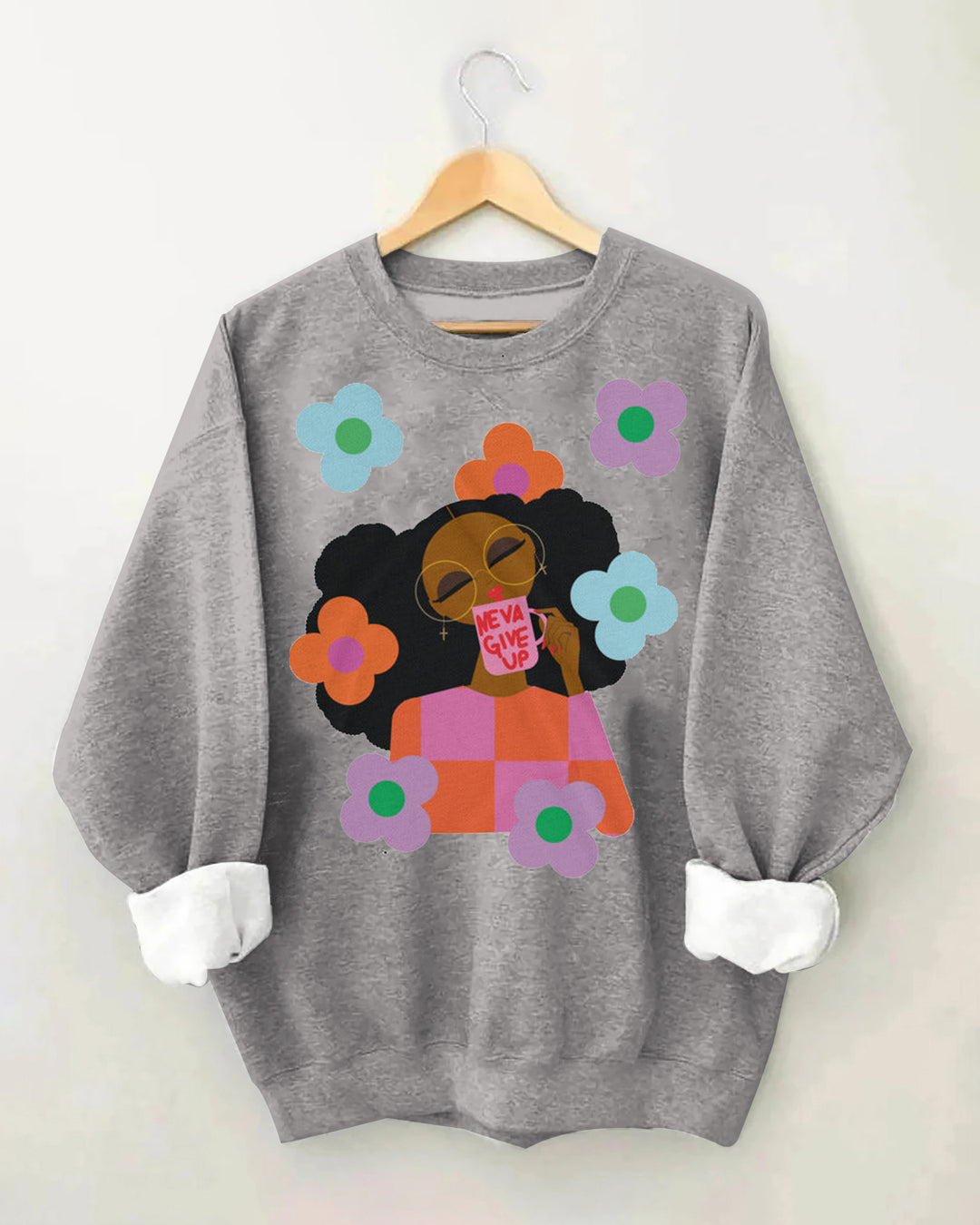 Never Give Up Crew Neck Long Sleeve Casual Print Sweatshirt