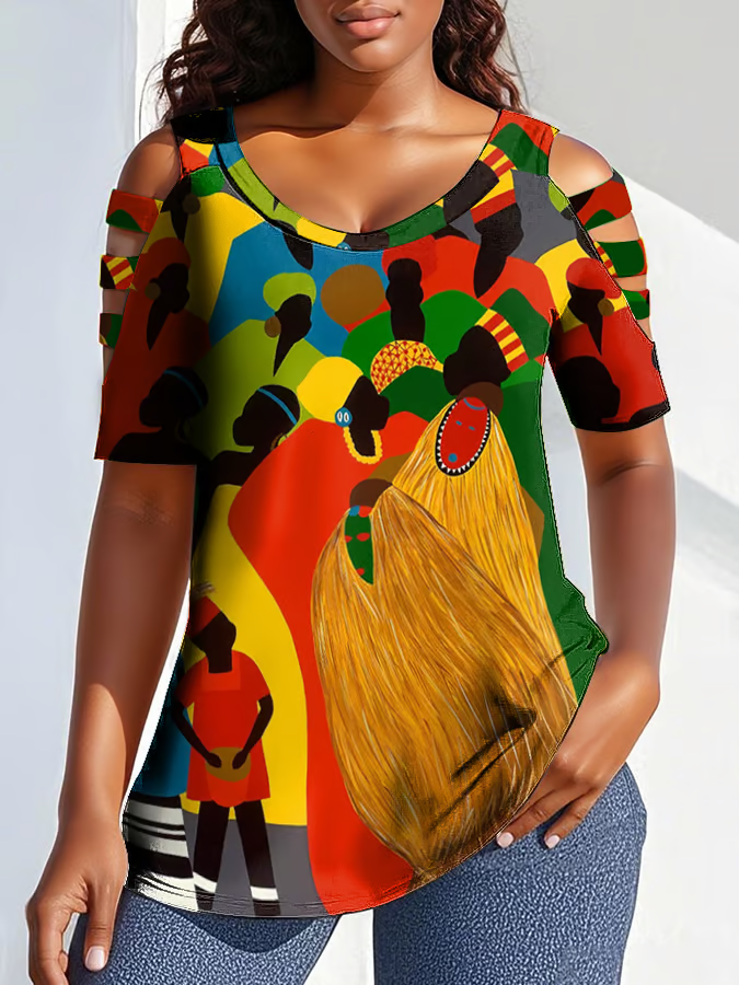 Juneteenth Cartoon Illustration Round Neck Off-shoulder Short-sleeved T-shirt