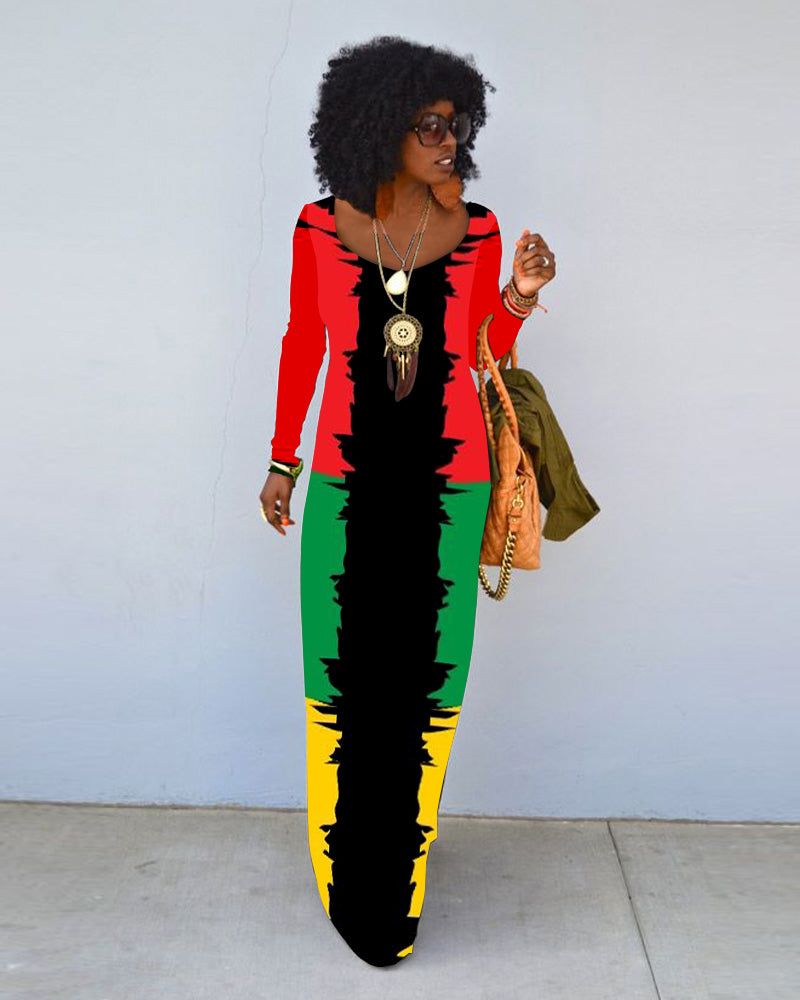 Juneteenth Symmetrical Printing Crew Neck Long Sleeve Dress