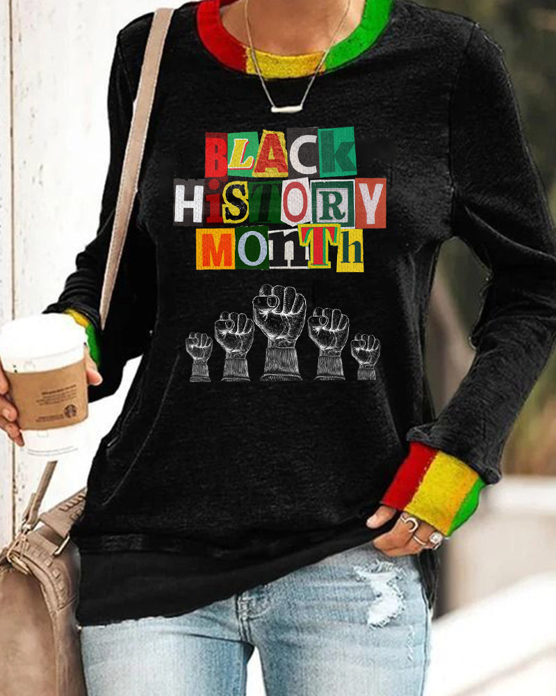 Black History Month Contrast Lettering Long Sleeve Crewneck Top