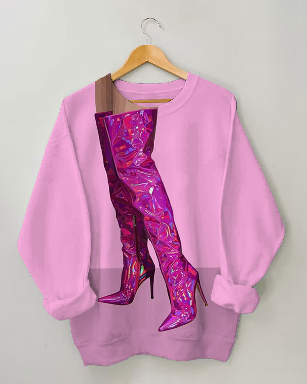 Cool Girl Shiny High Heel Boots Print Long-sleeved Sweatshirt
