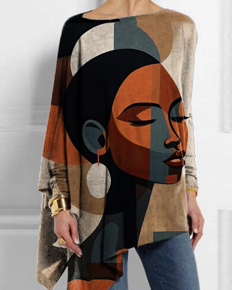Artistic black plaid contrasting printed long-sleeved irregular hem top