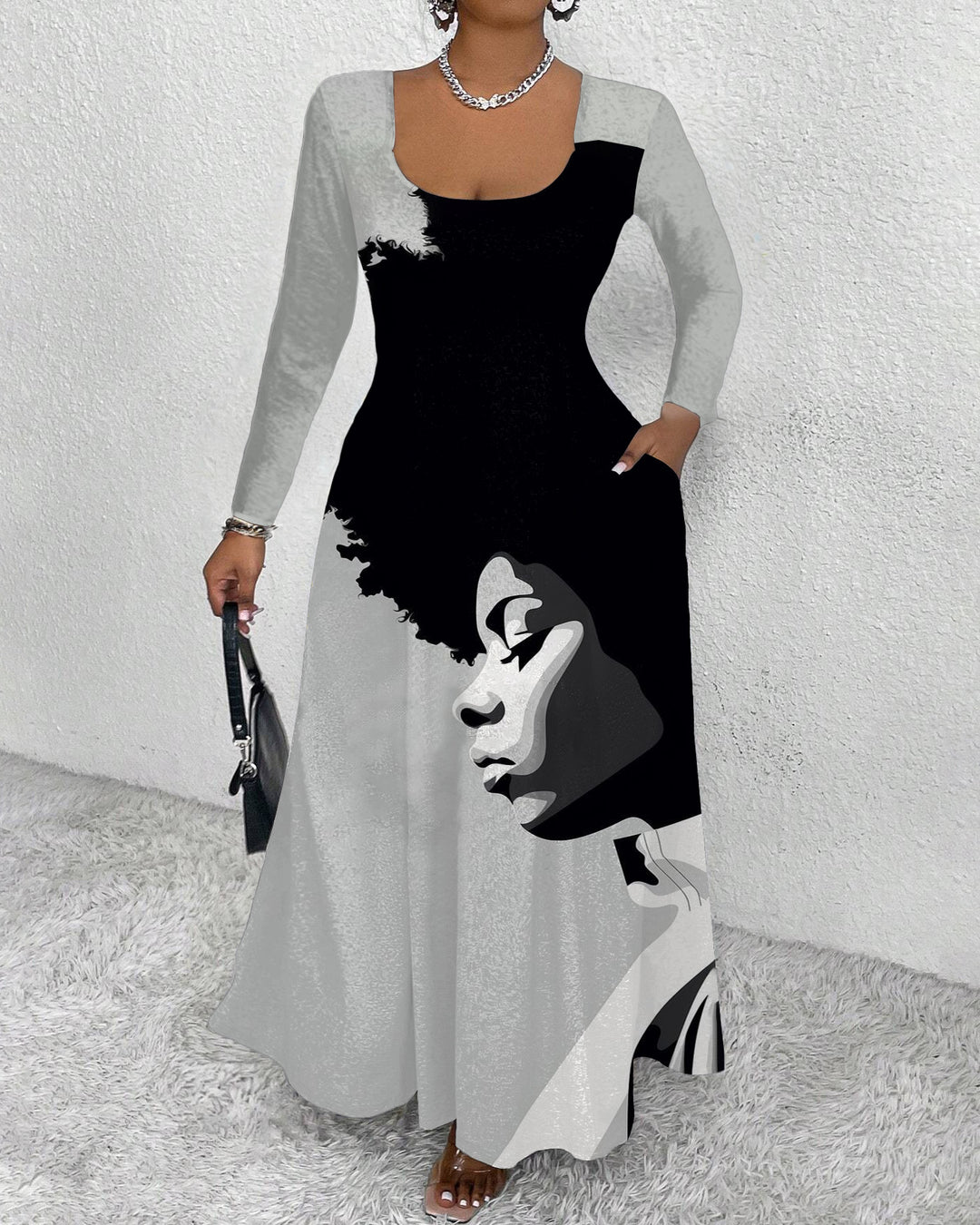 Afro Girl Round Neck Long Sleeve Maxi Dress