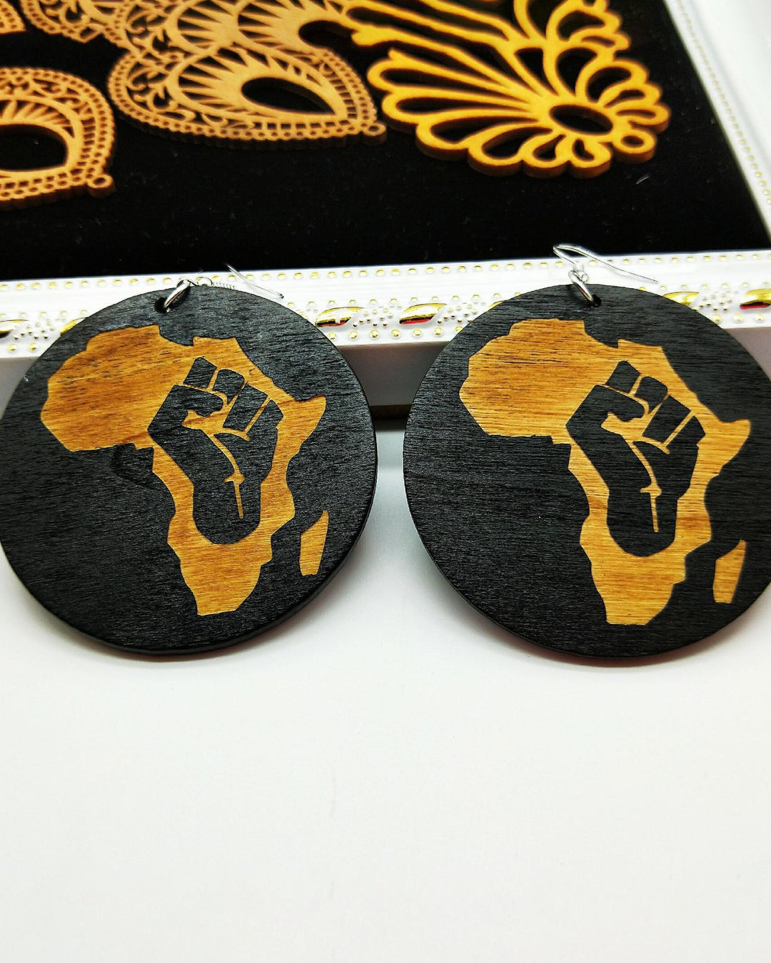 Black Power African Map Round Wooden Earrings