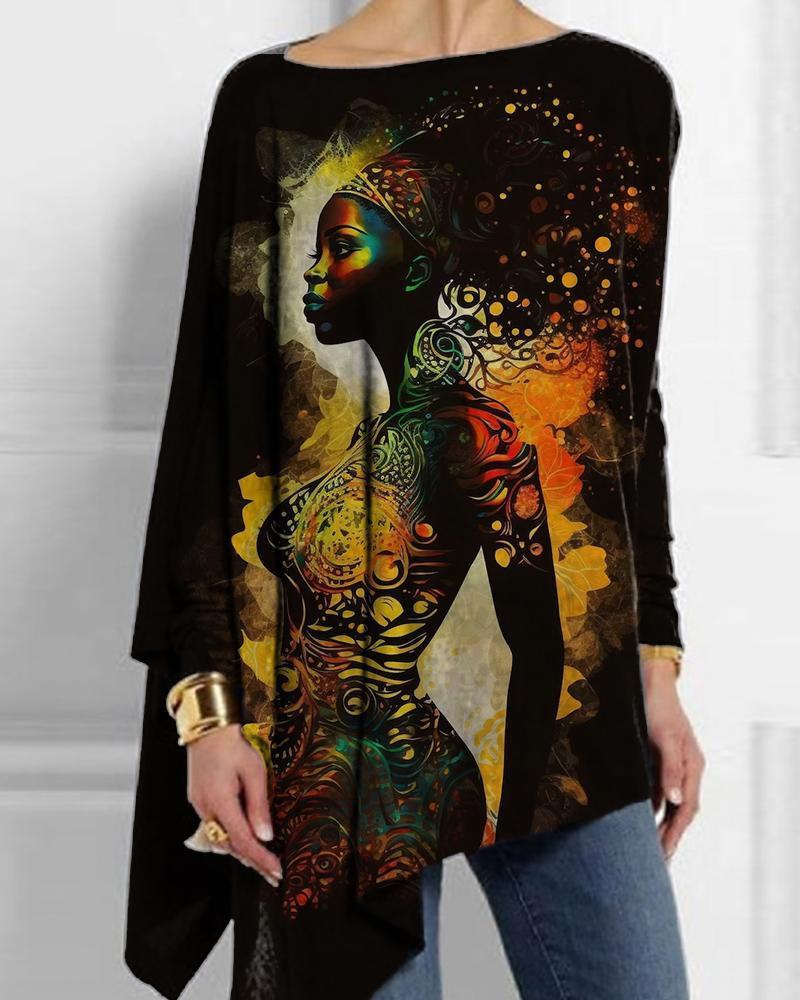 Artistic Black Women's Printed Long Sleeve Irregular Hem Top