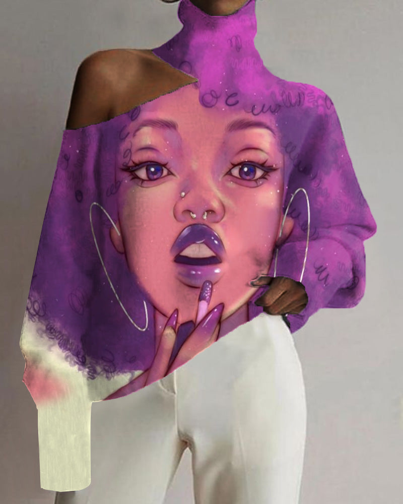 Afro Black Cartoon Oil Painting Vintage Printed Turtleneck Top