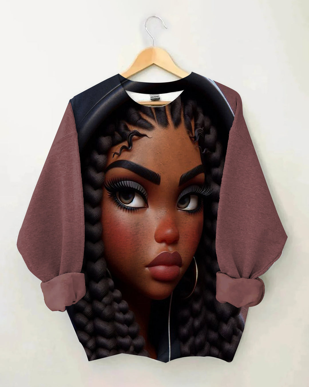 Cartoon Dreadlocks Black Girl Printed Round Neck Long Sleeve Top
