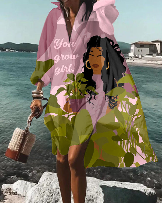 Summer Plant Girl Long Sleeve Shirt Dress