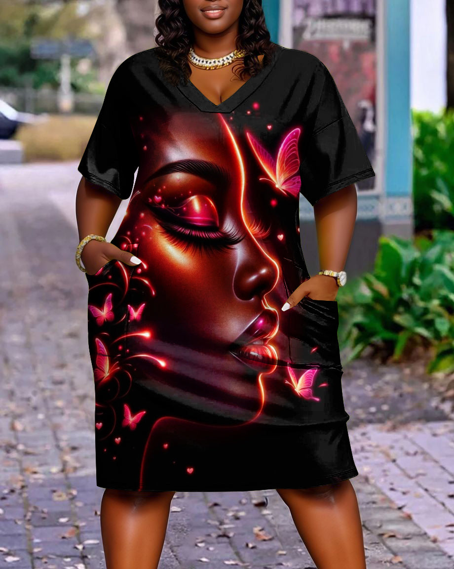 Butterfly Face Art Casual V-neck Pocket Dress