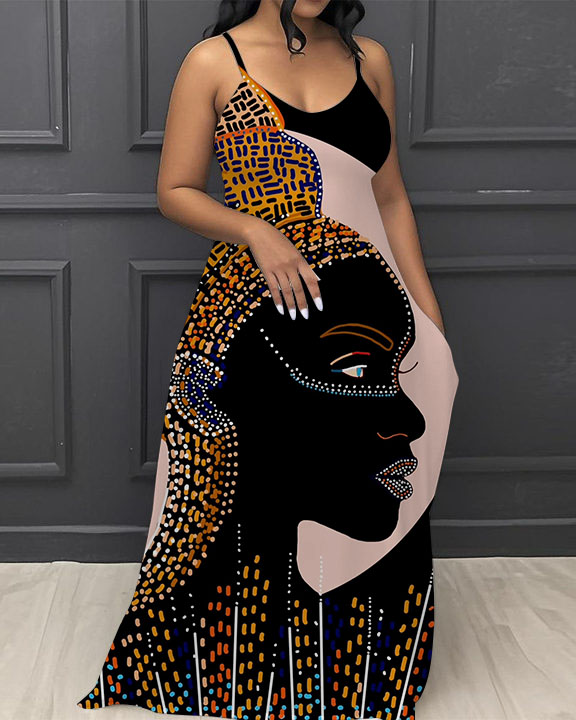 Art Illustration Portrait V-Neck Pocket Cami Dress