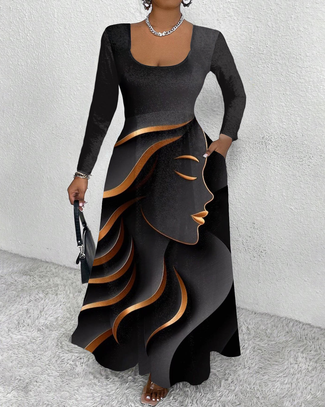 Gorgeous Black Woman Round Neck Long Sleeve Maxi Dress