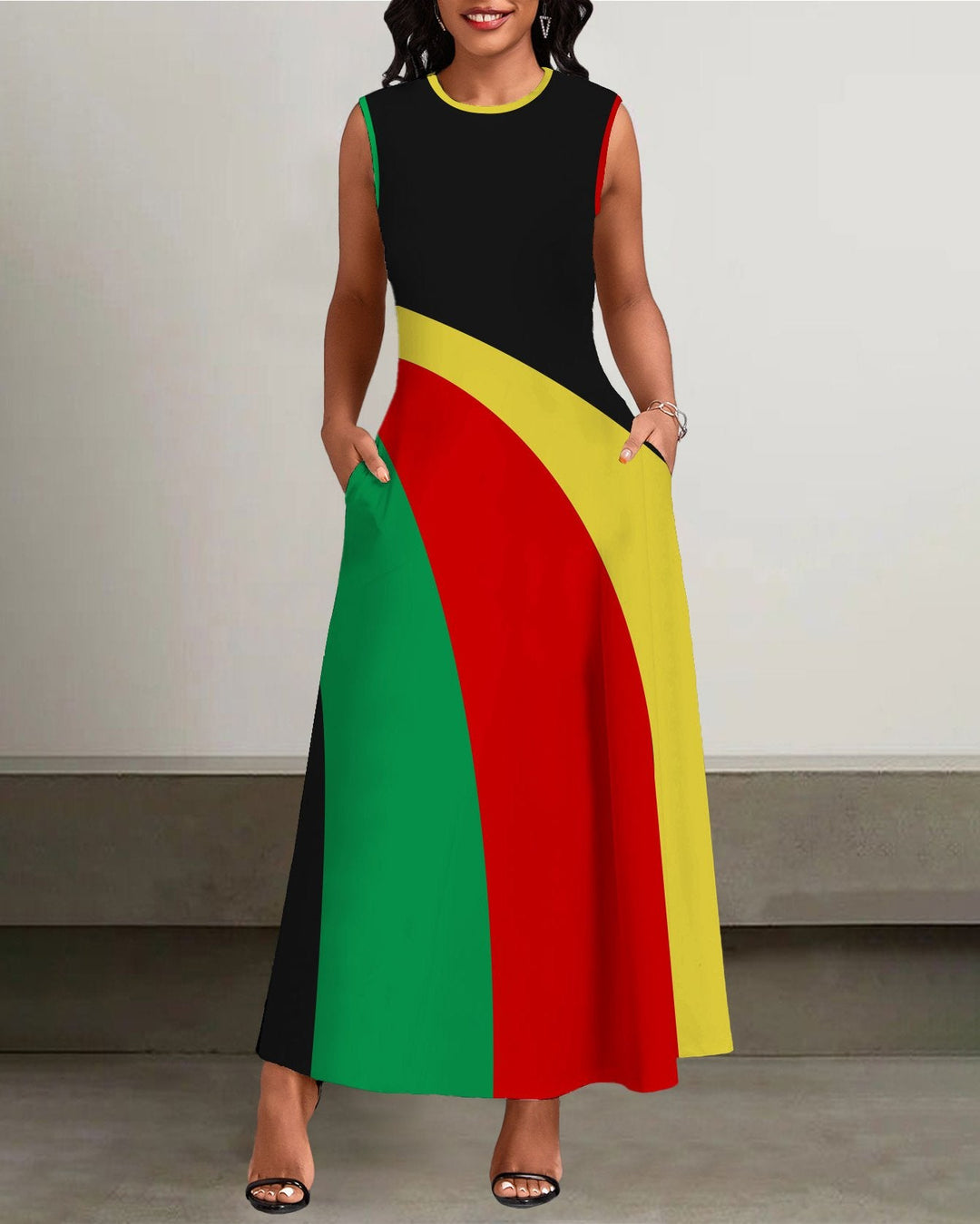 Round Neck Reggae Stripe Pockets Casual Dress