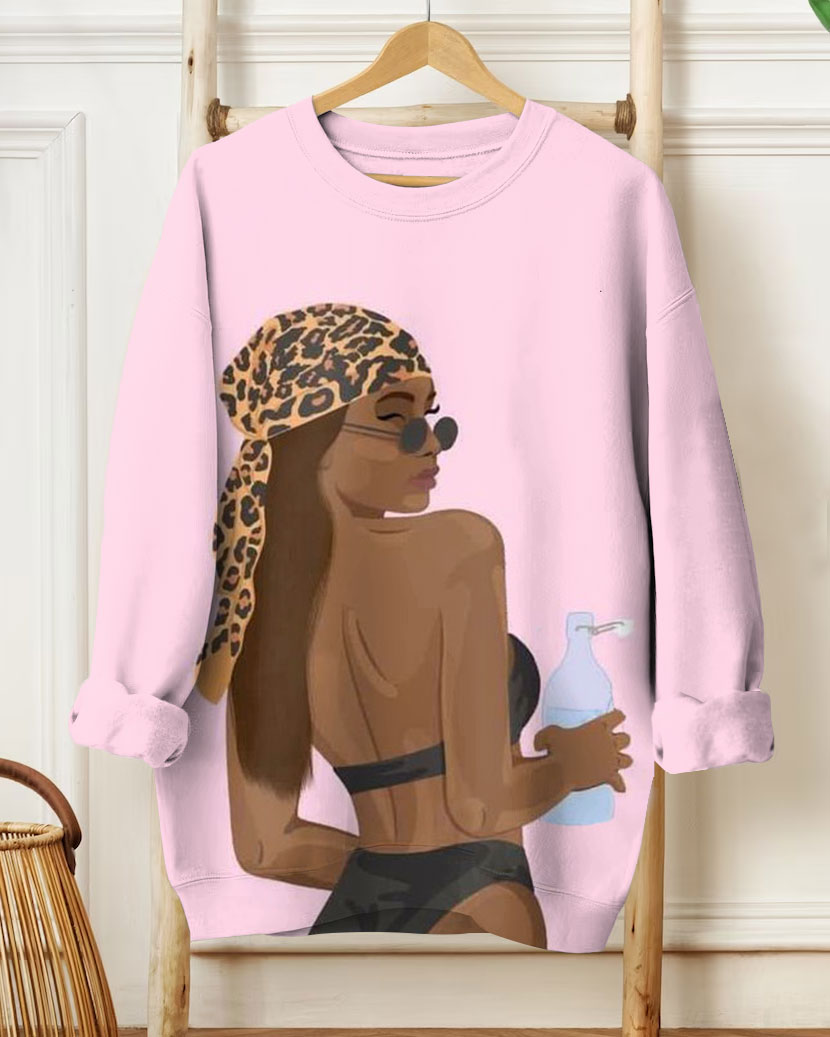 Women's Fashion Sexy Brown Girl Leopard Print Long Sleeve Sweatshirt