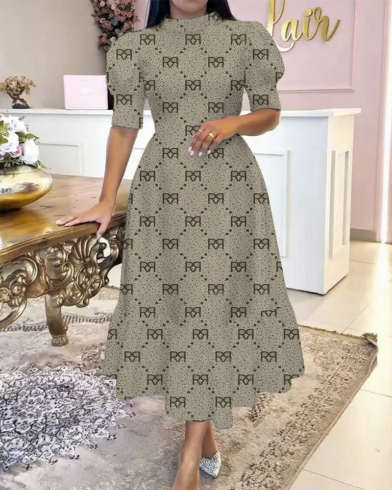 Classic R Letter Print Patchwork Hem Puff-Sleeved Elegant Maxi Dress