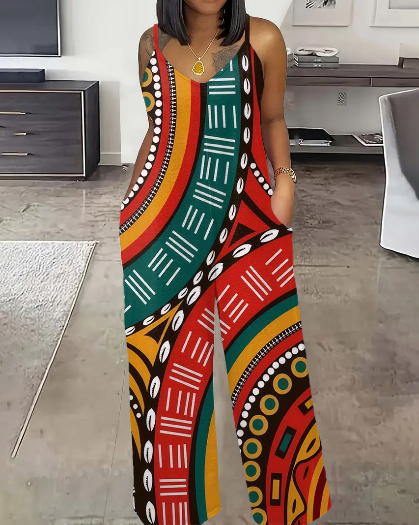 Classic African Totem Print Spaghetti Strap Casual Jumpsuit