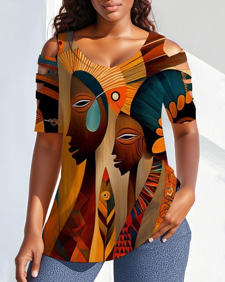 Black Tribal Totem Off-shoulder Short-sleeved T-shirt
