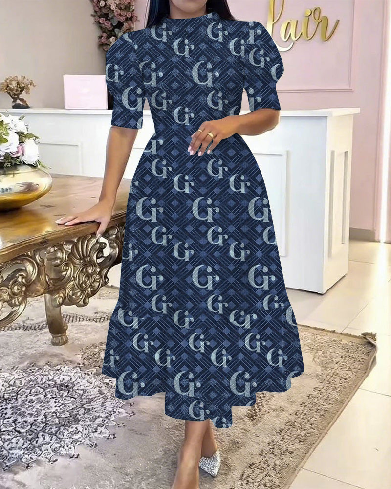 Classic G Letter Print Patchwork Hem Puff-Sleeved Elegant Maxi Dress