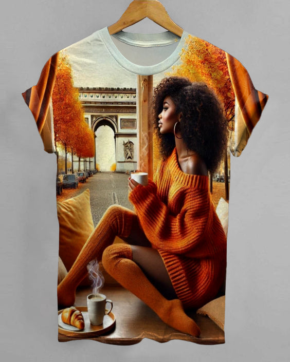 Autumn Coffee Girl Crew Neck Short Sleeve T-shirt