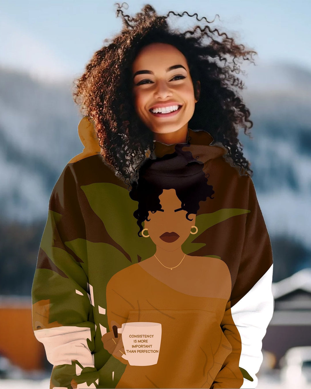 Brown Coffee Girl Art Long Sleeve Hoodie