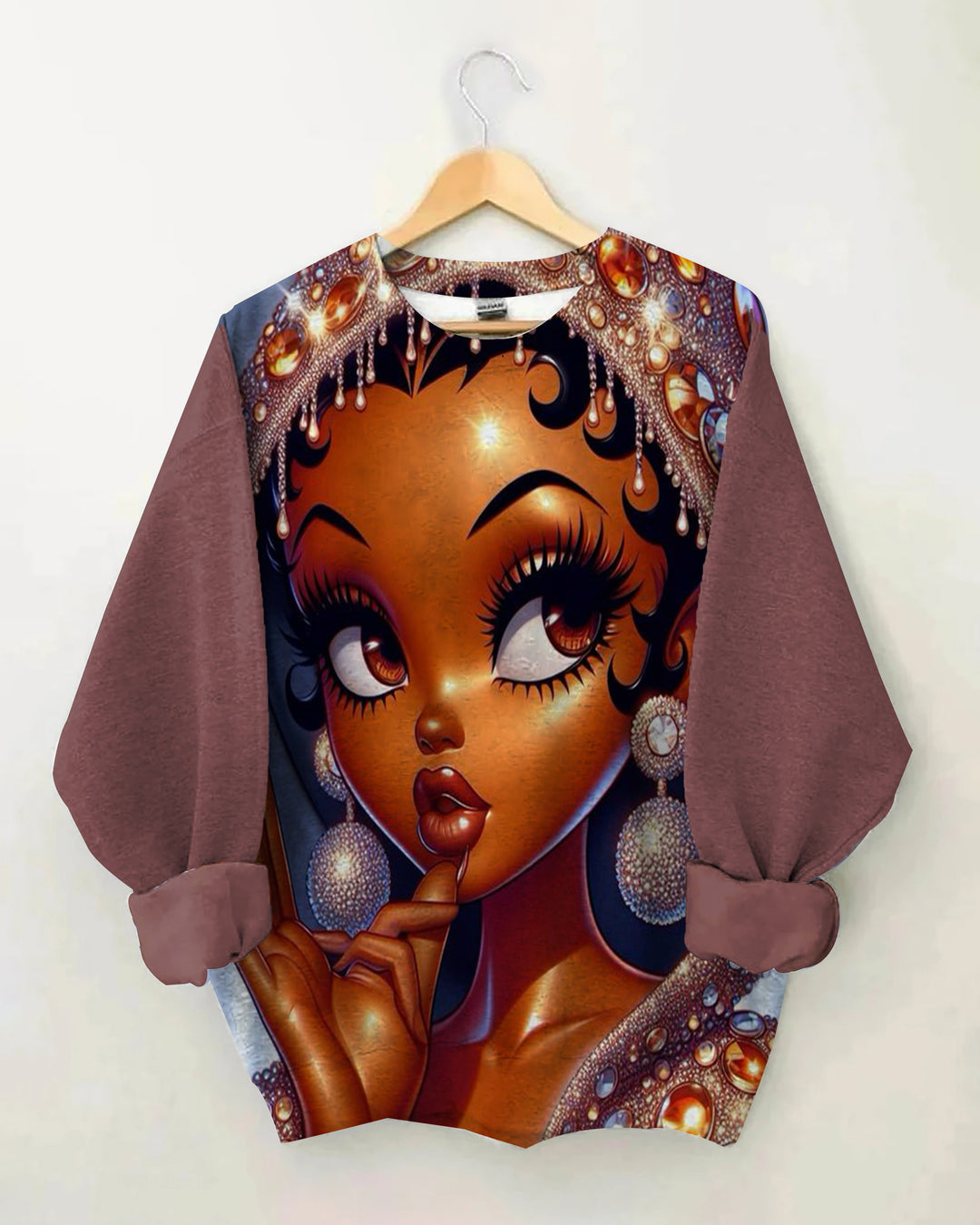Catton Black Girl Printed Crew Neck Long Sleeve Top