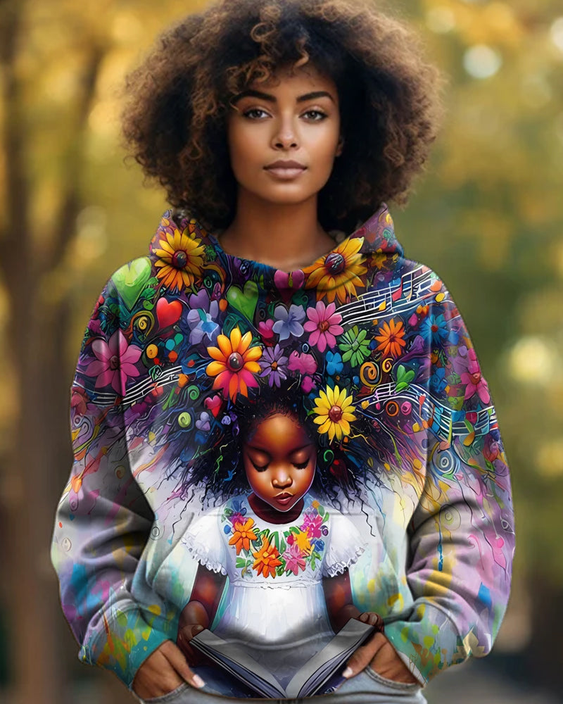 Black Girl Personality Oil Painting Flower Art Printed Hoodie