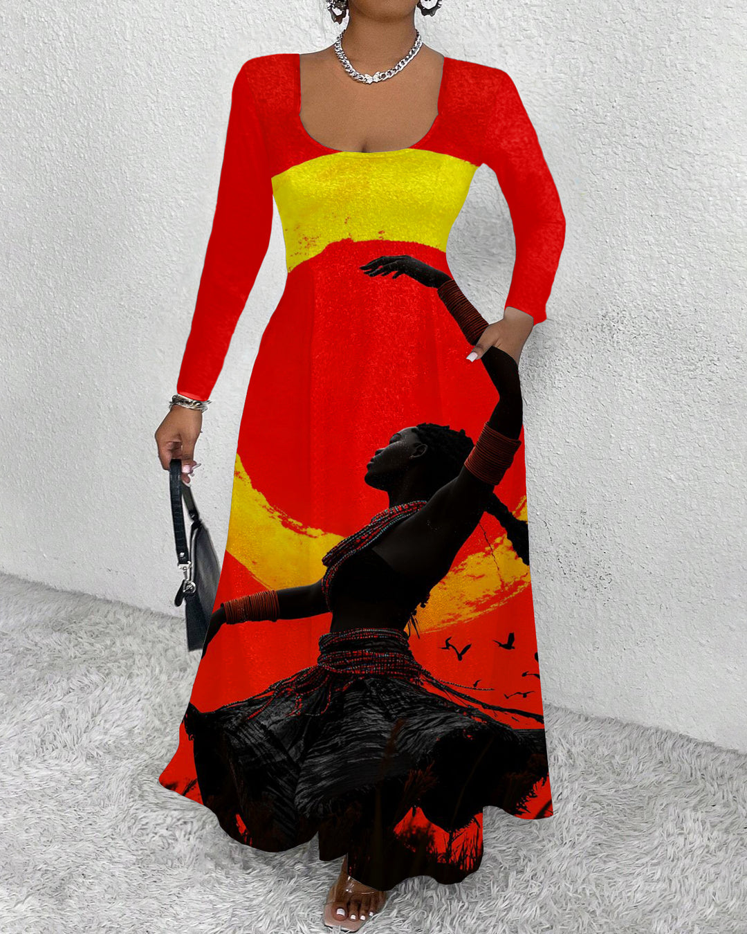 U-neck Full Moon Dancing Girl Pocket Long Sleeves Maxi Dress