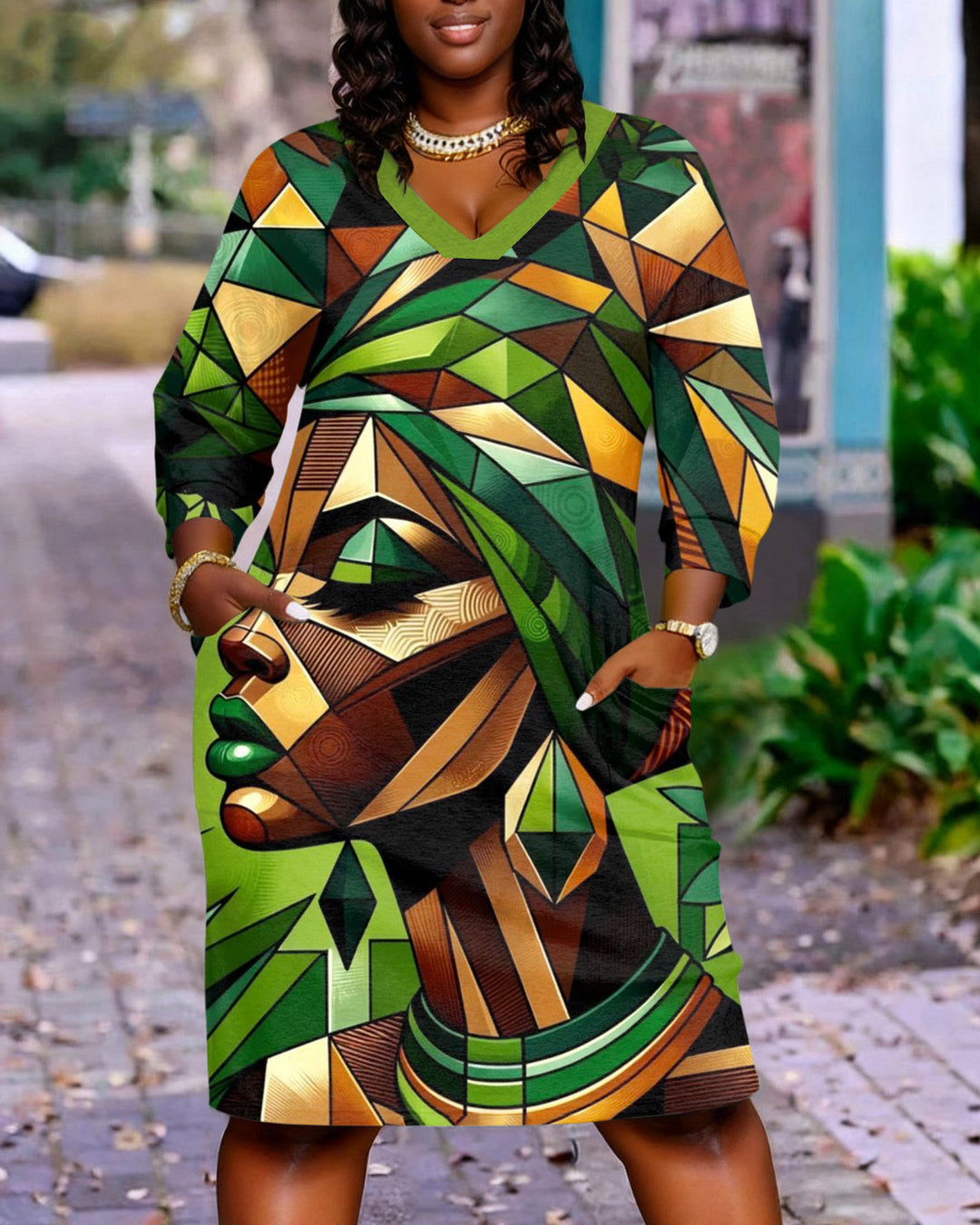 African Tribal Art Painting Long Sleeve Casual V-neck Pocket Dress