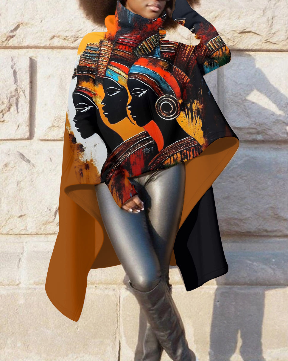 High Collar Pullover African Abstract Art Irregular Long Sleeve Warm Sweatshirt