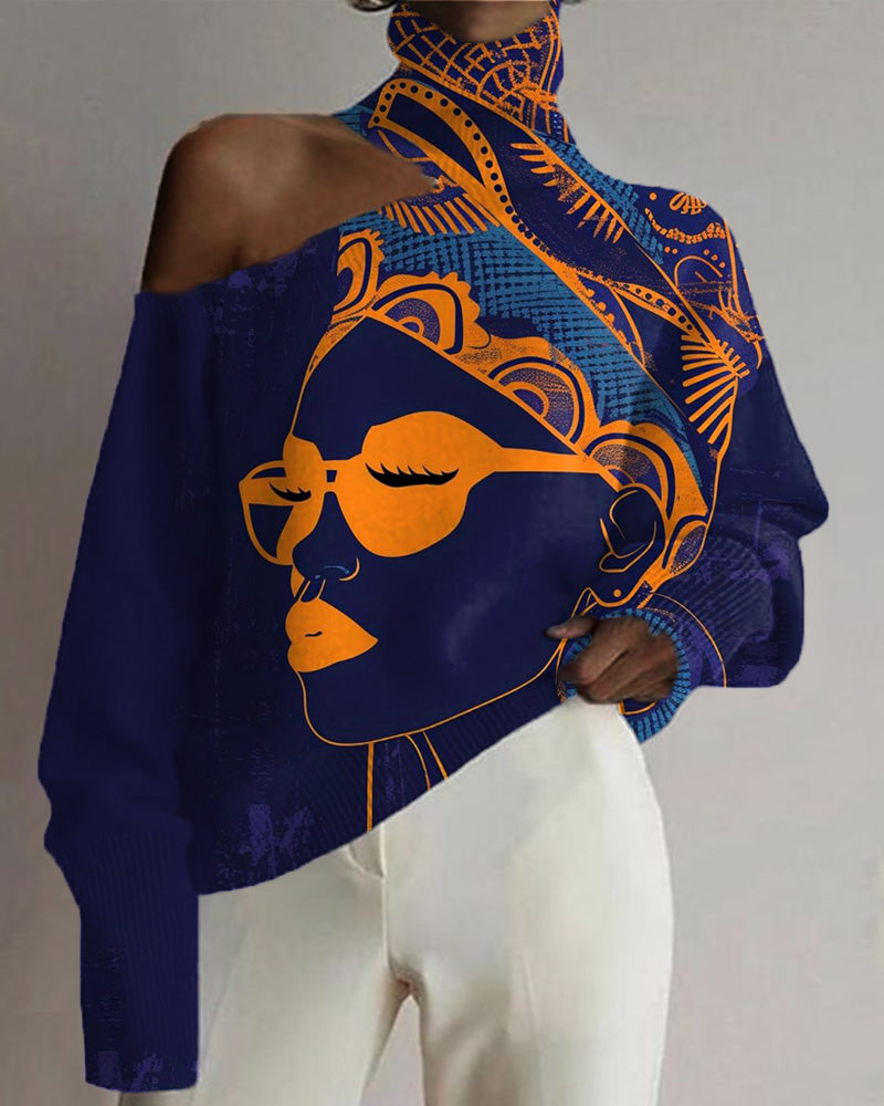 Black Ethnic Girl Art Color Matching Personality Print Hollowed Out High Neck Top