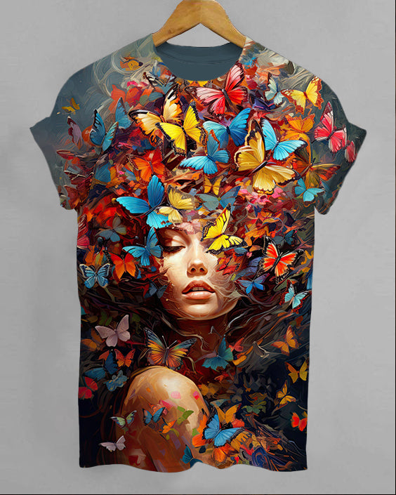 Butterfly Art Print Crew Neck Short Sleeve T-Shirt