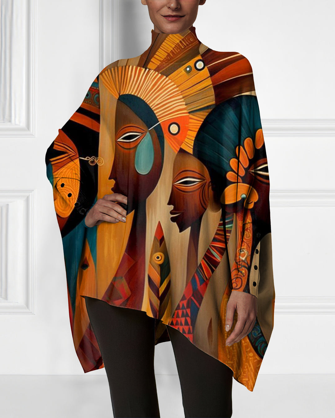 Classic Tribal Contrast Print Irregular High Neck Top