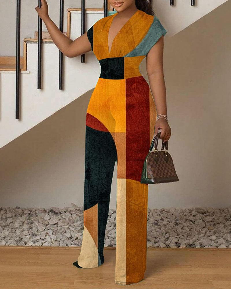 Geometric Colorblock Art Print V-Neck Waist Straight Jumpsuit