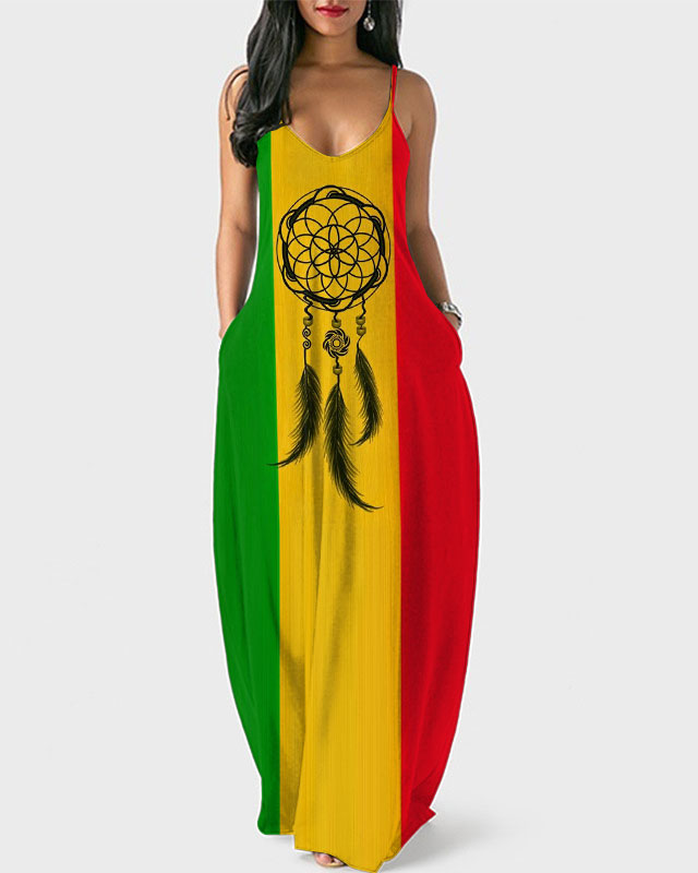 Dreamcatcher Colorblock Printed Suspenders Casual Long Dress