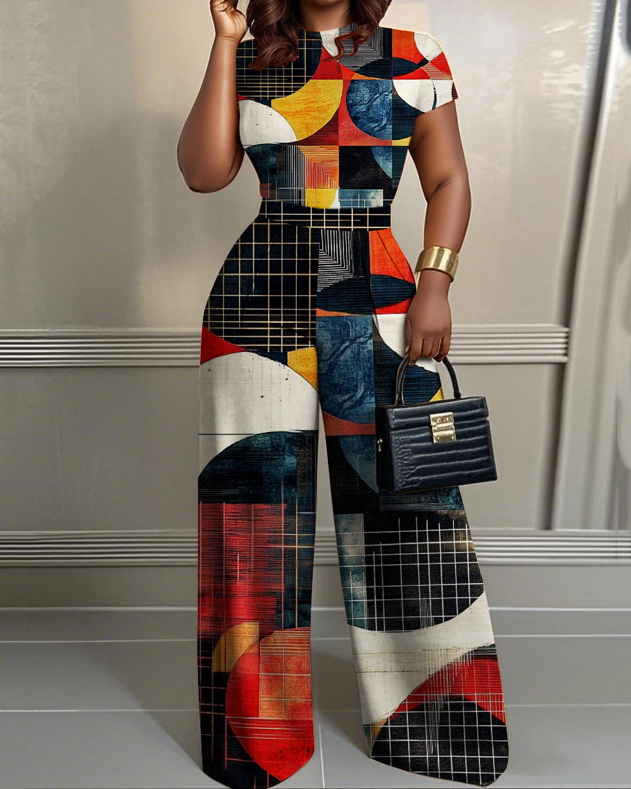 Geometric Graffiti Mosaic 2pcs Set Wide Leg Jumpsuit
