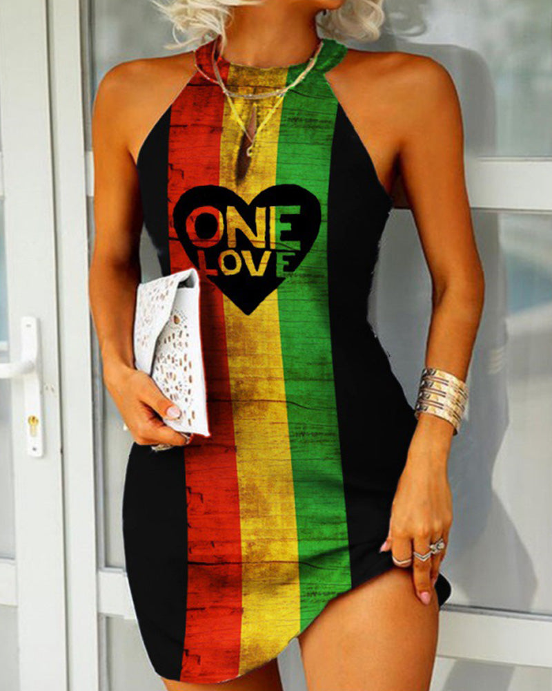 Contrasting color love letter print sleeveless dress