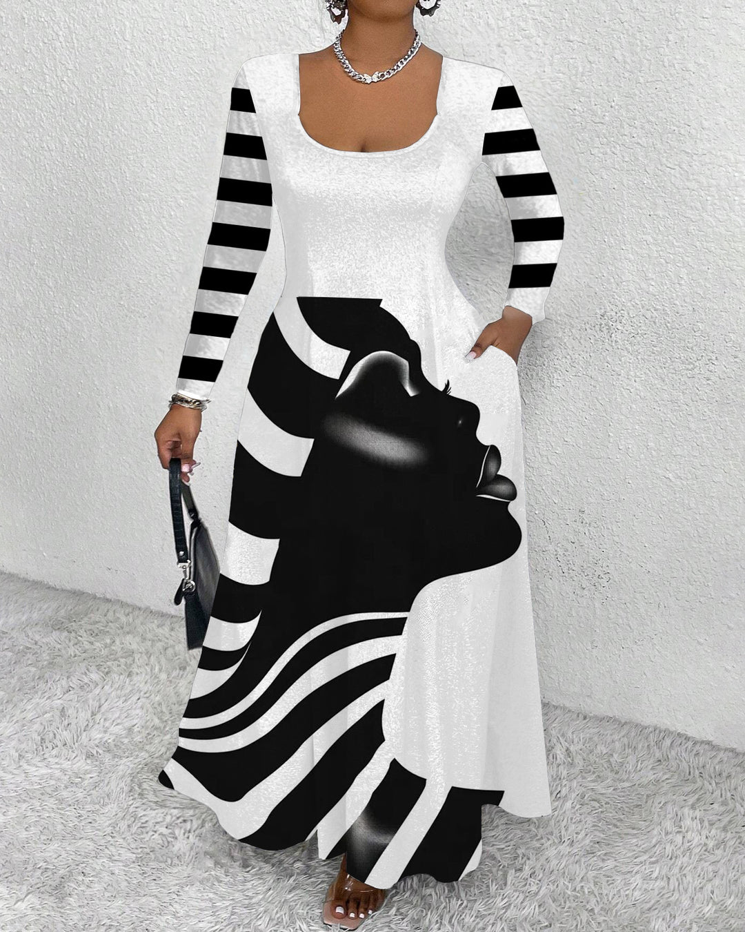 Black and White Striped Face Art Long Sleeve Maxi Dress