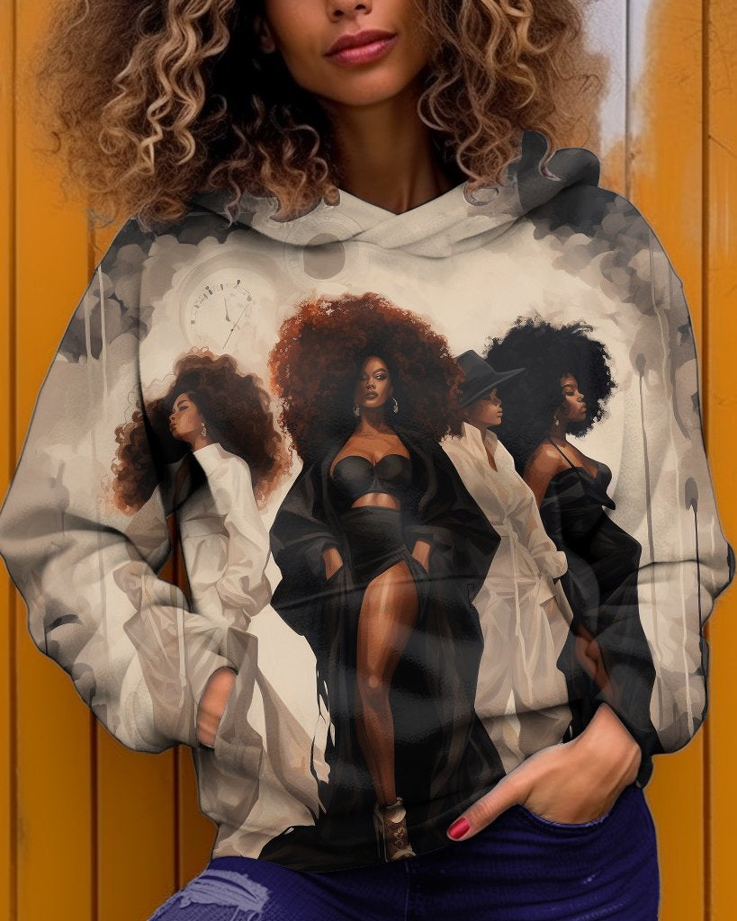 Women's Art Shopping Catwalk Black Girls Long Sleeve Hoodie