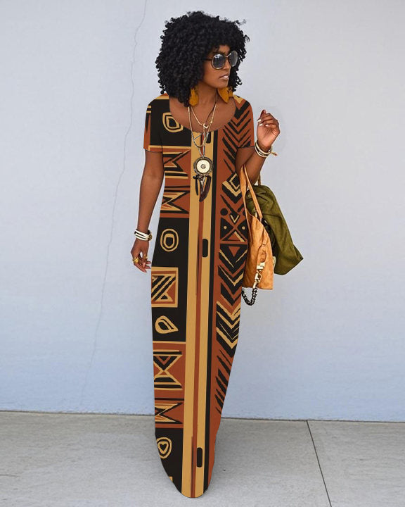 Ethnic Print Short Sleeve Crew Neck Maxi Dress