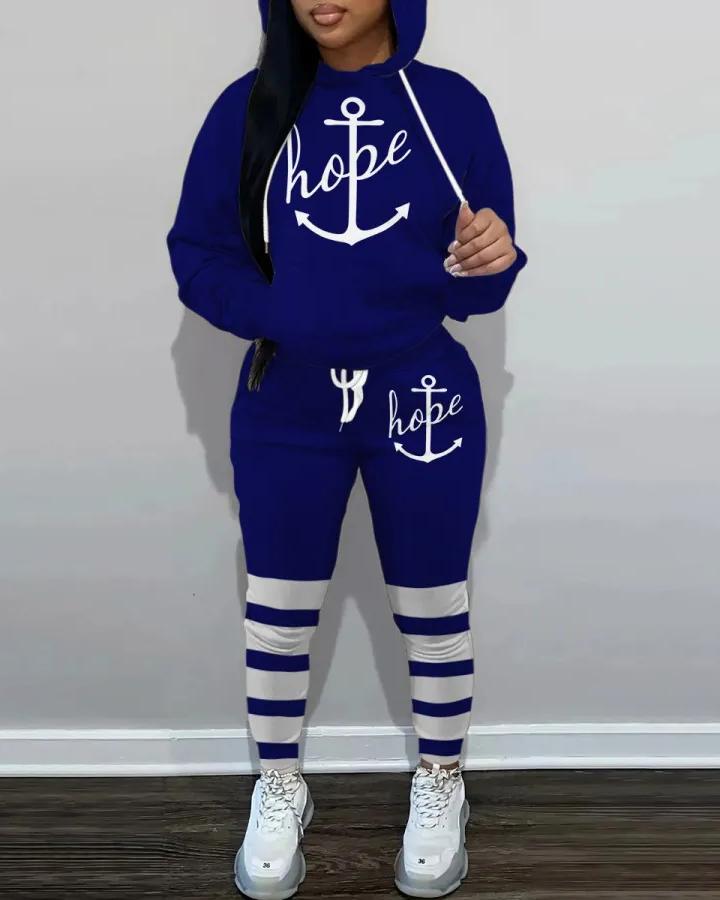 Dark Blue Hope Print Hooded Long Sleeve Two Pieces