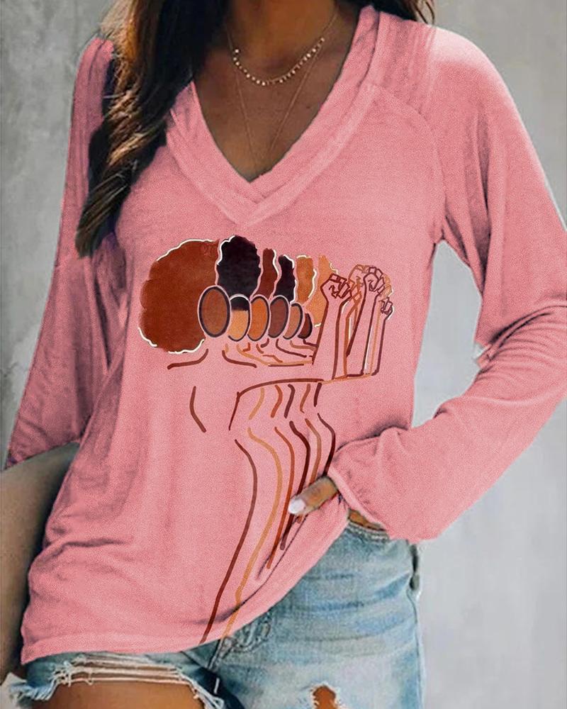 Contrasting color black painted print V-neck long-sleeved top