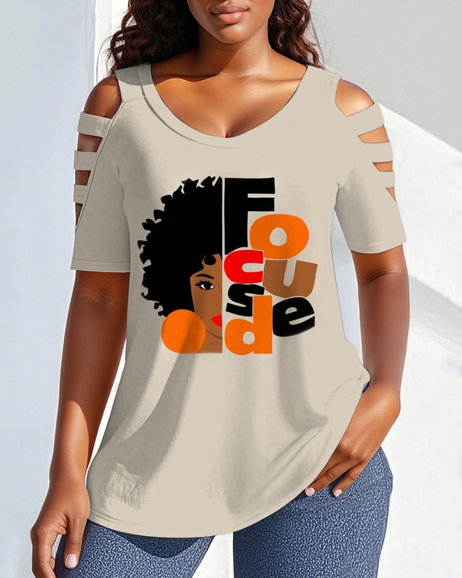 Focused Black Girl Round Neck Off-shoulder Short-sleeved T-shirt