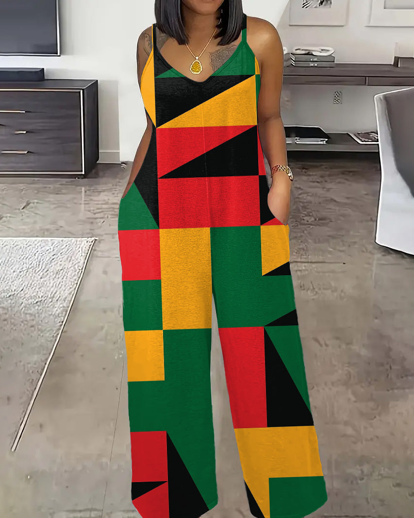 Juneteenth Theme Abstract Spaghetti Strap Casual Jumpsuit
