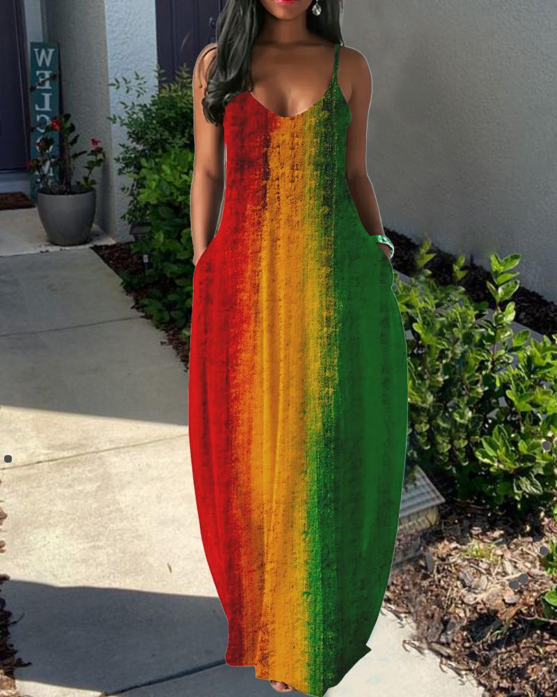 Sling Reggae Vertical Stripes Color Pocket Dress